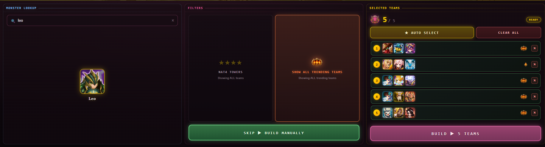 Team Builders (Siege Wizard — Step 3: Team Finder filters)