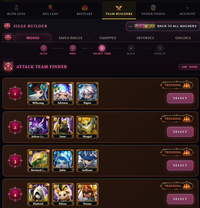 Team Builders (Siege Wizard — Step 3: Team Finder)